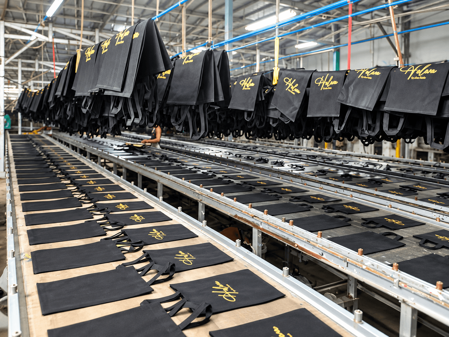 Printed bags drying before checking and packing